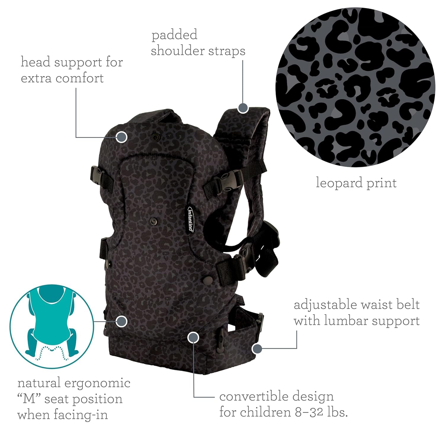 Flip Advanced 4-In-1 Carrier - Ergonomic, Convertible, Face-In and Face-Out Front and Back Carry for Newborns and Older Babies 8-32 Lbs, Black & Gray Leopard